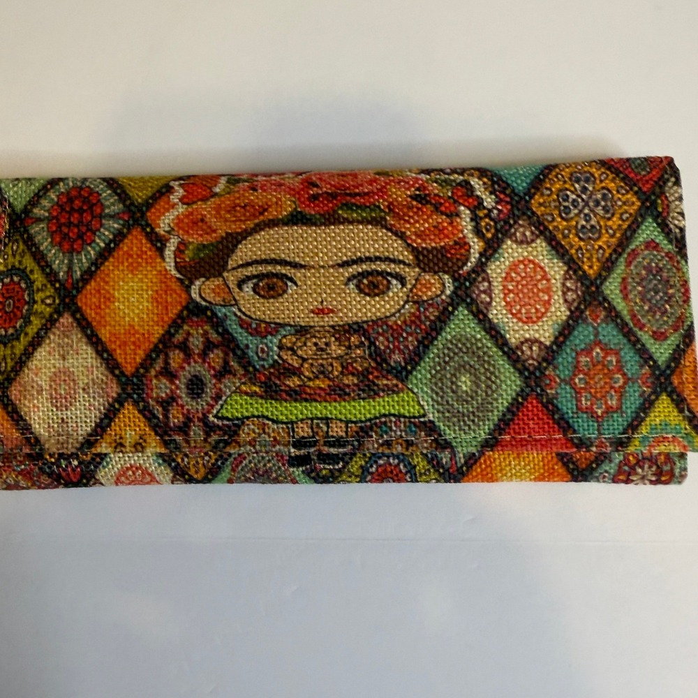Frida Kahlo Portrait Canvas Wallet Multi Color Geometric Diamond Pattern Mirror